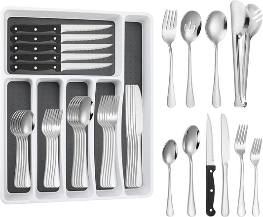 65PCS Silverware Set for 8 with Flatware Drawer Organizer, Stainless Steel Cutlery Set with Steak Knives, Include Spoons and Forks Set & Serving Utensils, Mirror Polished, Silver