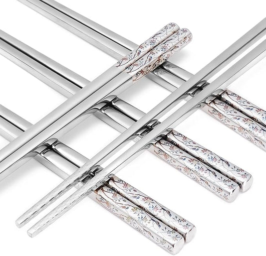 Stainless Steel Chopsticks, Titanium Plated Metal Chopsticks, 9.8" Premium Japanese Korean Color Laser Engraved Cooking Chop Sticks, Dishwasher Safe, Reusable, Anti-slip, Anti-scald, 2 Pairs Gift Set