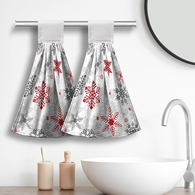 Winter Snowflakes Hanging Dish Towels Red and Grey Snow Bathroom Hand Towel Xmas Holiday Kitchen Towel with Hanging Loop Tie Towels 12x17 Inch Decor for Bathroom Laundry Room Tabletop