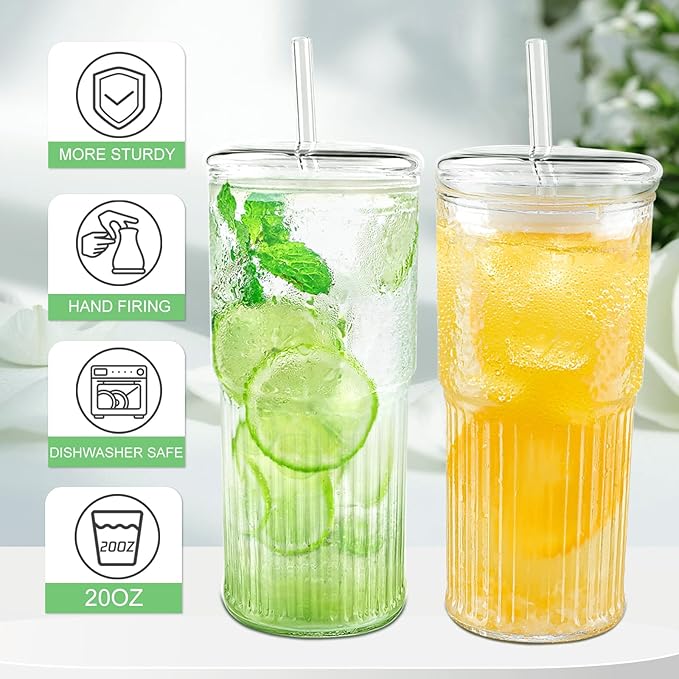 Glass Cups with Lids and Glass Straws, High Borosilicate 20OZ Tumblers (2Pcs) for Coffee, Tea, Juice, Smoothies, Hot/Cold Drinks at Home, Office（Christmas Creative Drink Label Design）