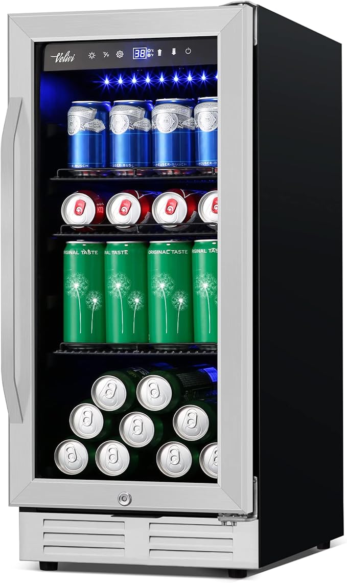 15 Inch Beverage Refrigerator - 125Cans Capacity Drink Cooler Under Counter Mini Fridge with Glass Door, Safety Lock Built-in or Freestanding Refrigerator for Soda, Beer, Wine