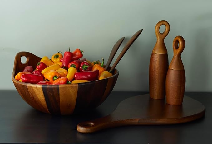 Nambé Portables Collection Salad Bowl – 11” Acacia Wood Serving Bowl with Handle & Matching Servers – Elegant Tableware for Salads, Dining & Entertaining, Contemporary Natural Design