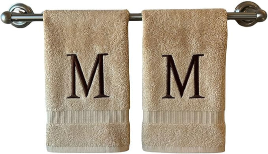 Beige Initial Hand Towel for Bathroom - Monogrammed Luxury Hotel Quality Decorative Embroidered Towel for Powder Room, Spa - GOTS Organic Certified - Set of 2 Brown Letter M