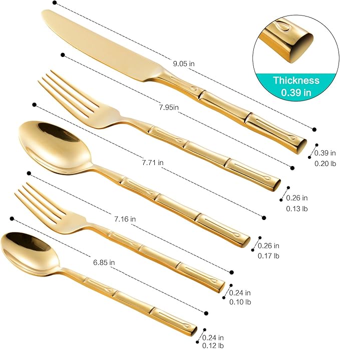 Flatware Set Gold Silverware Set with Bamboo Pattern Mirror Polished 20 Pieces Cutlery Set Housewarming Wedding Gift Service for 4