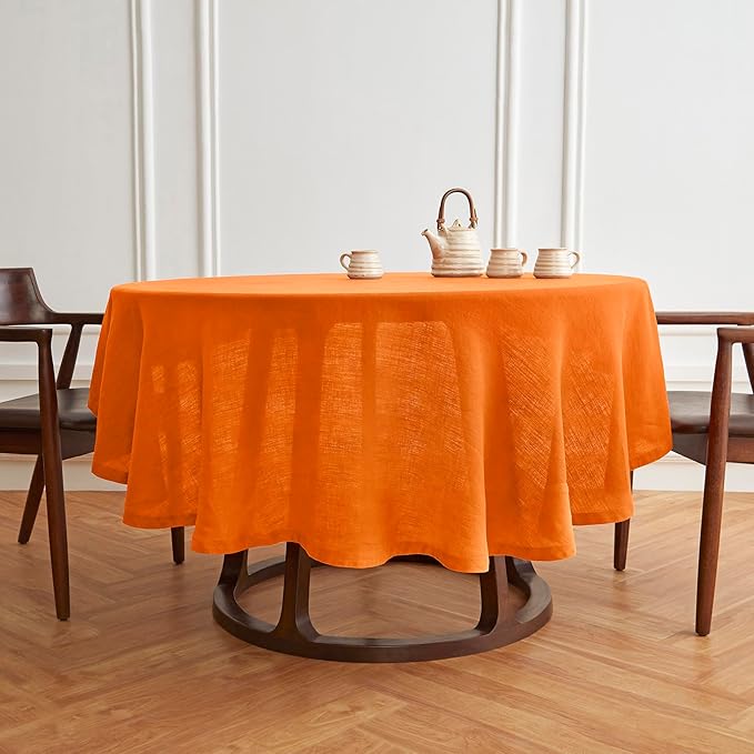 Solino Home Linen Round Tablecloth 70 Inch - 100% Pure Linen Pumpkin Round Tablecloth - Machine Washable Table Cloth for Holiday, New Year - Sonoma