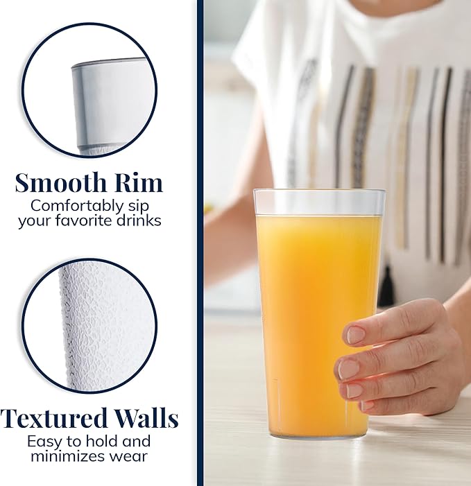 US Acrylic Cafe Plastic Reusable Tumblers (Set of 16) 20-ounce Water Cups in Clear | Value Set of Restaurant Style Drinking Glasses, Stackable, BPA-free, Made in the USA | Top-rack Dishwasher Safe