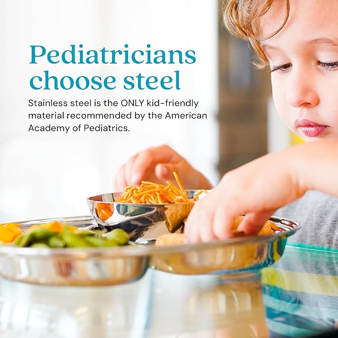 Ahimsa Stainless Steel Plates For Kids, Pediatrician Designed Divided Plates for Toddlers & Baby, Non Toxic, Unbreakable & Dishwasher Safe, Set of 4