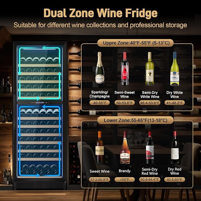 24" Inch Dual-Zone Wine Fridge, Freestanding/Built-in Wine Cooler Refeigerator, Large Capacity Tall Wine Cellar For Wine Collection, Wine Chiller with Safety Lock, Low Noise and Fast Cooling
