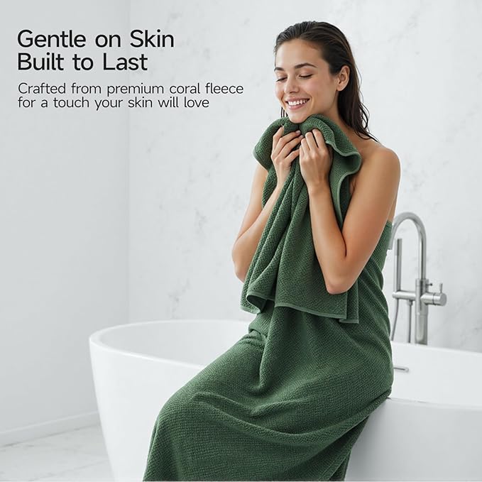 REDKISS 4 Pack Premium Bath Towels, Plush Coral Fleece Towels for Bathroom, Extra Large Bath Towels Set of 4 (35 x 70 in), Super Soft Highly Absorbent Fluffy Shower Towels for Spa, Gym, Travel, Olive