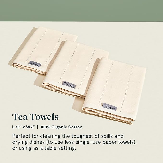 Caraway Tea Towels - Reusable Dish Towels - Made from 100% Organic Cotton - Highly Absorbent & Lint-Free - Perfect for Kitchen Cleanup or Table Setting - Extra Large Size - Cream