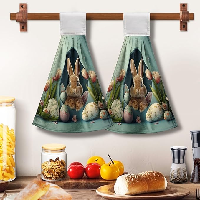 Easter Bunny Hanging Kitchen Towels 2 Pcs Easter Rabbit Eggshell Dish Tie Towels Spring Tulip Flowers Hand Towel with Hanging Loop for Bathroom Soft Home Kitchen Decor