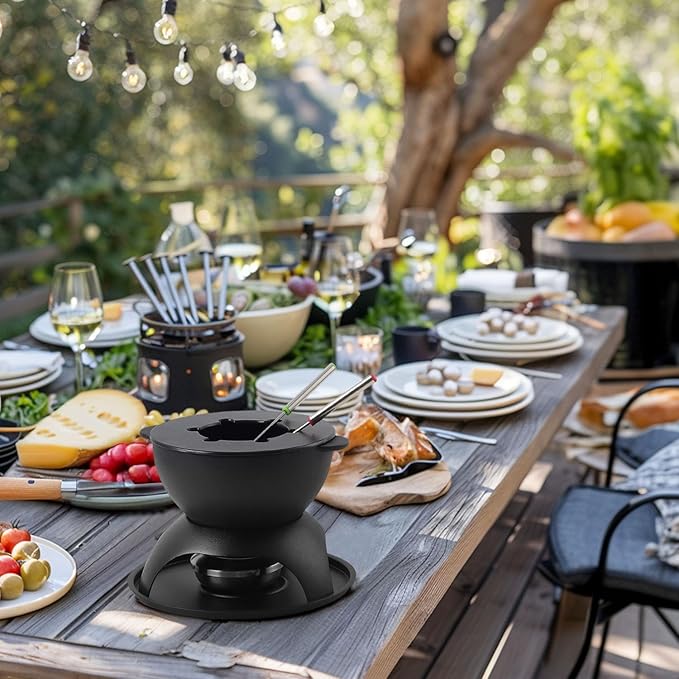 Artestia 5-Cup Cast Iron Fondue Pot for Chocolate, Cheese Fondue Pot with 6 Colored Forks for Fondue Party, 4-6 Person, Black