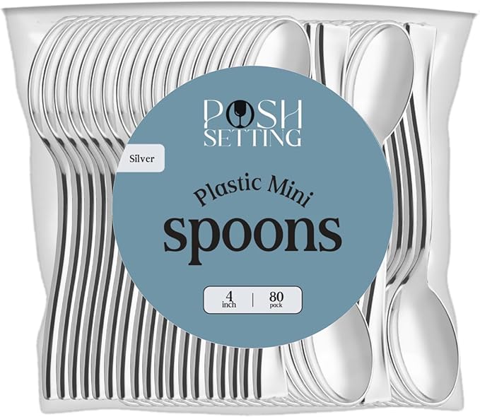 Posh Setting - Plastic Mini Spoons, Silver Mini Spoons, Silver Plastic Mini Dessert Spoons, Disposable Tiny Silver Spoons, 4 inch Mini Spoons for Appetizers, Taster Spoons, Ice Cream Spoons (80 Pack)