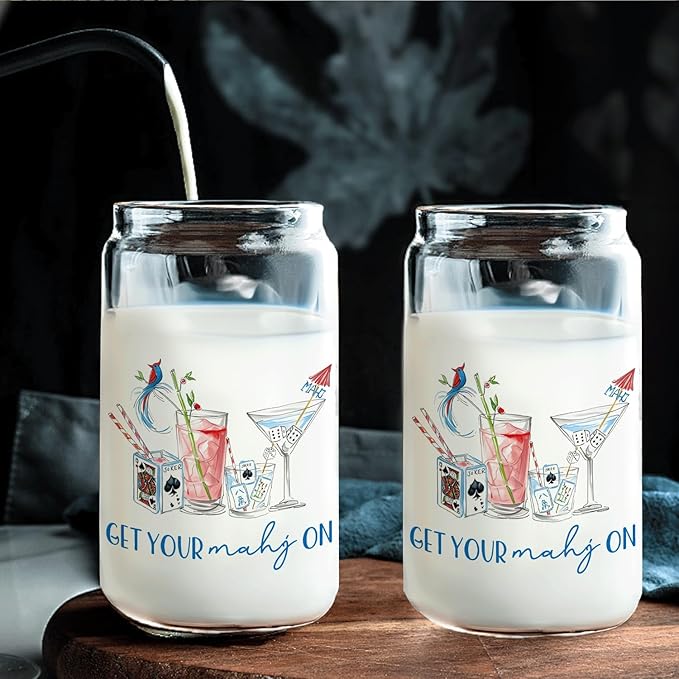 Trendy Mahjong Cocktail Glass Cup with Lids and Straws 14oz, Gifts for Mahjong Players Lovers, Mah Jong Accessories Glass Iced Coffee Tumbler Drinking Jars with Cleaning Brush
