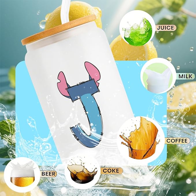 Cute Cartoon Lover Gifts Initial A-Z Personalized Iced Coffee Cup Cartoon Merch 16oz Glass Cup with Lid and Straws Birthday Christmas Gifts for Women Teen Girls Fans (Letter J)