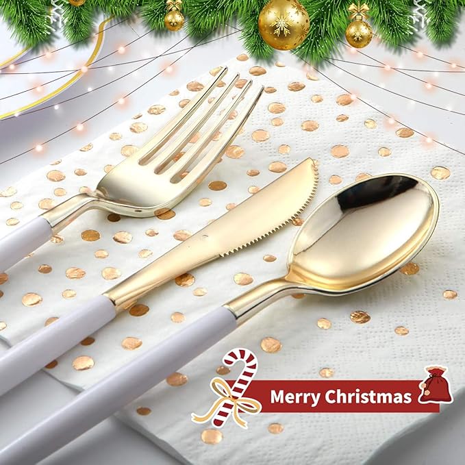 I00000 144Pcs Gold Plastic Silverware, Gold Plastic Utensils Set,Disposable Utensils Heavy Duty,Disposable Silverware Set Includes 48 Forks,48 Knives,48 Spoons for Party & Thanksgiving