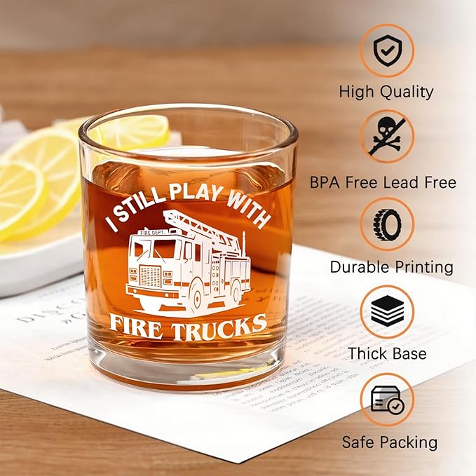 Futtumy Firefighter Gifts for Men, I Still Play With Trucks Whiskey Glass, Fireman Retirement Gifts, Funny Birthday Father's Day Christmas Gift for Firefighter Fireman, 10 Oz Old Fashioned Glass