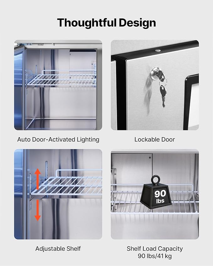 VEVOR 60" W Commercial Freezer, 14.8 Cu.Ft Worktop Freezers Undercounter with LED Auto Lighting and Lockable Door, 2 Doors Food Freezing Prep Worktable, Stainless Steel Prep Frozen Table with Casters