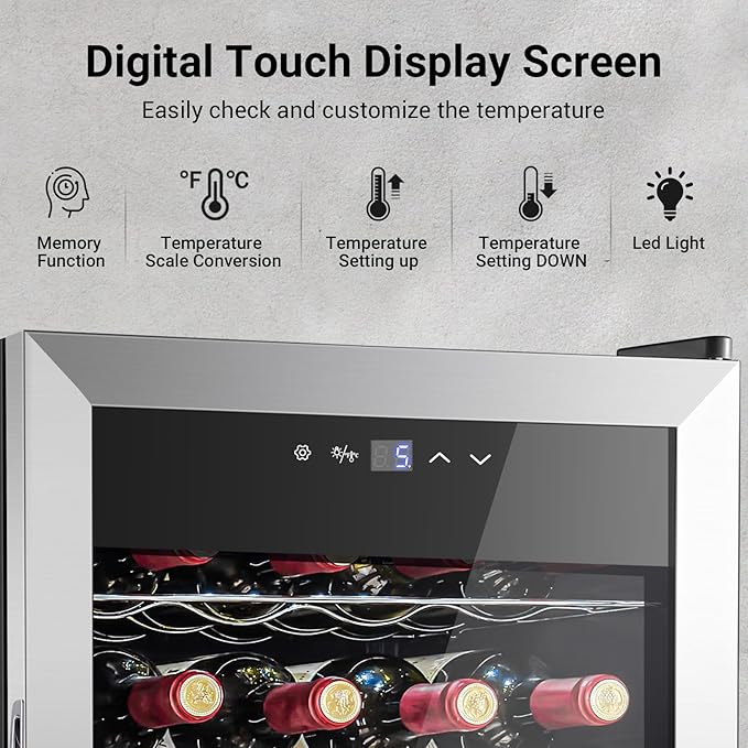 AAOBOSI 17 Inch Wine Cooler, 24 Bottles Wine Fridge, Wine Refrigerator Small with LED Display Light, Freestanding Wine Cellar with Low Noise Compressor, Adjustable Shelves