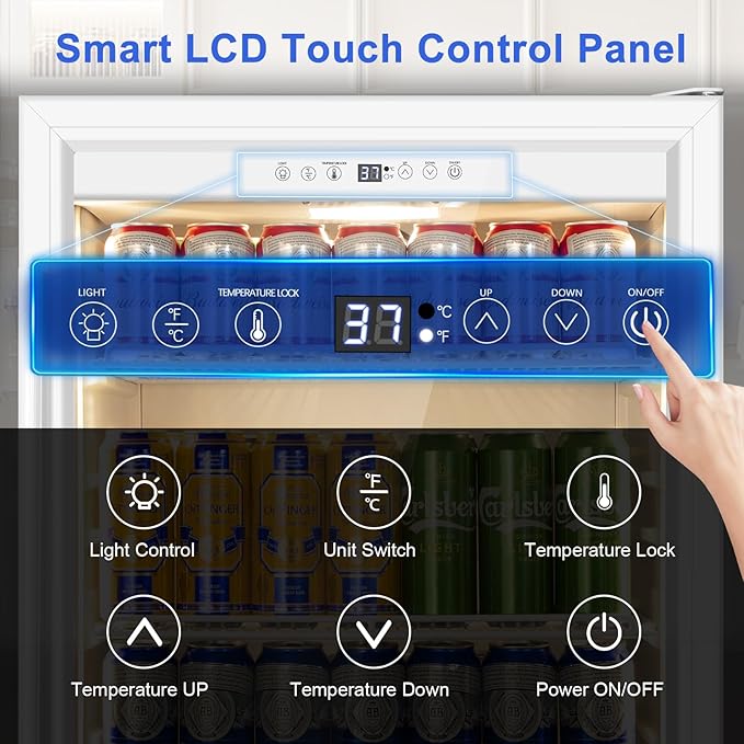 24 Inch Beverage Refrigerator with Glass Door, Undercounter Beverage Fridge 200 Cans Large Capacity, Beverage Cooler for Beer Soda with Reversible Door, Temperature Control, Safety Lock, White