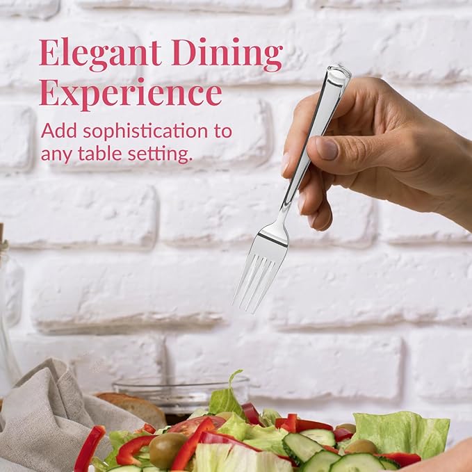 Prestee 300 Count Plastic Forks - 7 Inch Heavy Duty Disposable Silverware - Bulk Fancy Silver Fork Set for Table Decor - Durable Plastic Silverware for Parties, Events and Christmas Holidays