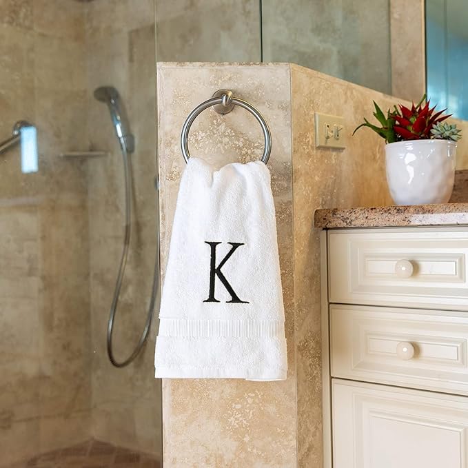 Black Monogrammed Bathroom Hand Towel - Black & White Luxury Hotel Quality Personalized Initial Decorative Embroidered Towel for Powder Room, Spa - GOTS Organic Certified - Set of 2 Letter K