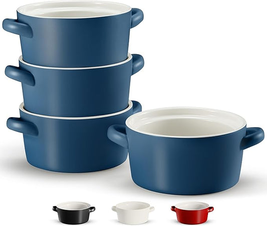Kook Soup Crocks, Ceramic Stackable Bowls, Broil, Oven, Microwave and Dishwasher Safe, with Handles, For Casserole, Pasta, Cereal, Capacity 18 oz, Set of 4, (Matte Blue)