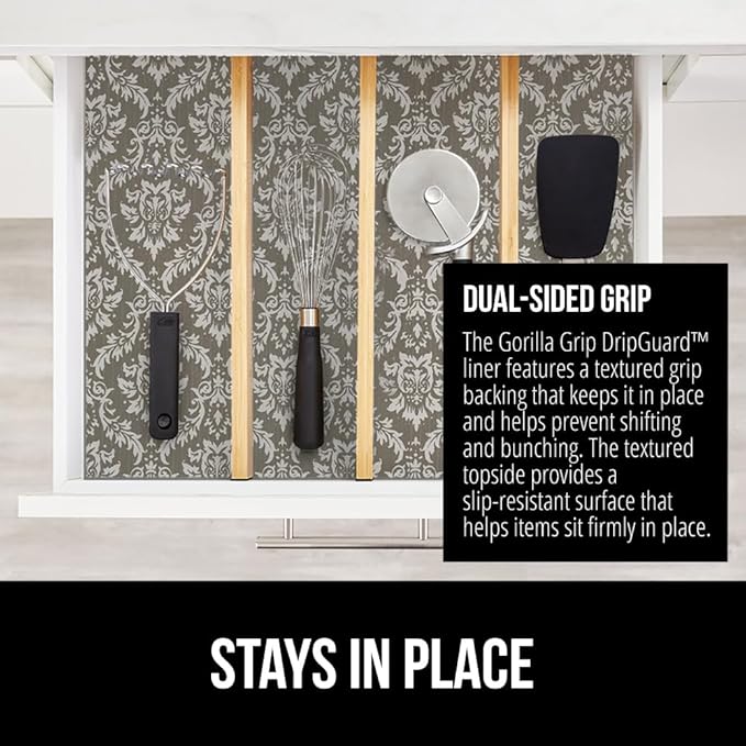 GORILLA GRIP DripGuard Shelf Liner, Non Adhesive Drawer and Kitchen Cabinet Protector, 20x240 Inch, Slip Resistant BPA Free Smooth Surface Plastic Liners for Cabinets, Bathrooms, Closets, Beige Cream