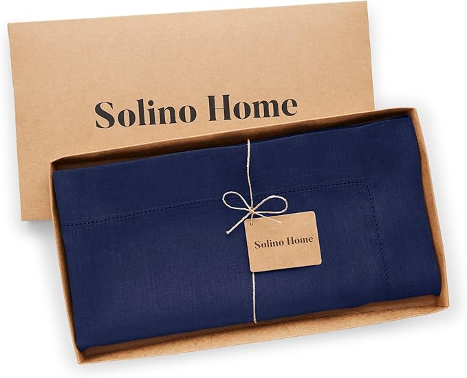 Solino Home Navy Blue Linen Tablecloth 52 x 52 Inch - 100% Pure Linen Square Table Throw - Classic Hemstitch, Machine Washable Table Cloth for Holiday, Winter, New Year