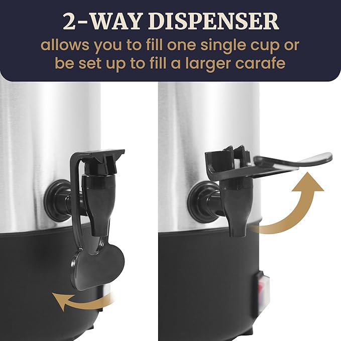 Elite Gourmet CCM-035 Maxi-Matic 30 Cup Stainless Steel Coffee Urn Removable Filter For Easy Cleanup, Two Way Dispenser with Cool-Touch Handles Electric Coffee Maker Urn, Stainless Steel