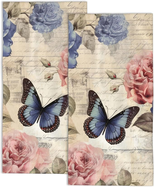 2 Pack Hand Towels for Bath, Rose Flower with Butterfly Decorative Kitchen Towels Highly Absorbent Soft Towels for Bathroom Beach Spa Gym Face Towel 14x28 Inch