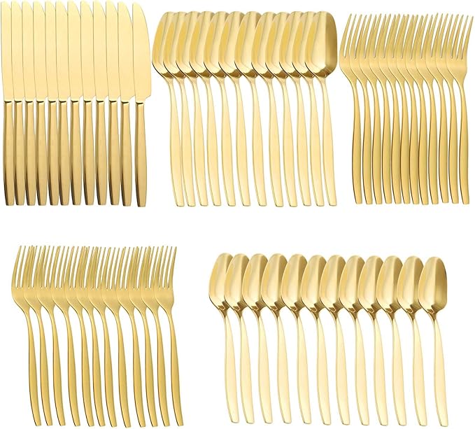 Gold 60-Piece Silverware Set,Stainless Steel Flatware Utensils Cutlery Set for 12,Including Steak Knife Fork and Spoon,Dishwasher Safe,Modern Tableware for Home & Dining