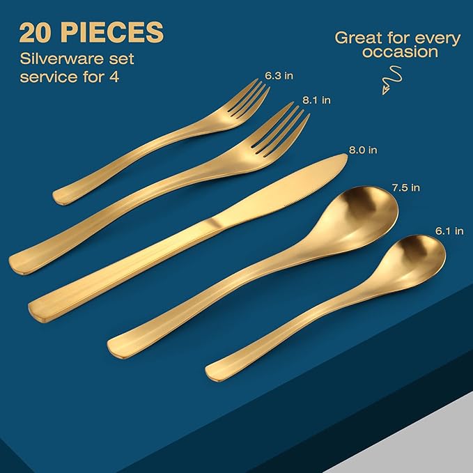 Gold Silverware Set, Bysta 20-Piece Flatware Set, Stainless Steel Utensils Service for 4, Tableware Cutlery Set for Home and Restaurant, Include Knife/Fork/Spoon, Satin Finish, Dishwasher Safe