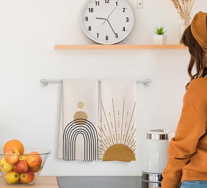 Boho Abstract Sun Sunrise Sunset Sunshine Line Rainbow Kitchen Towels and Dishcloths Sets of 2,Boho Absorbent Drying Cloth Hand Towels Tea Towels for Bathroom Kitchen,16×24 inches