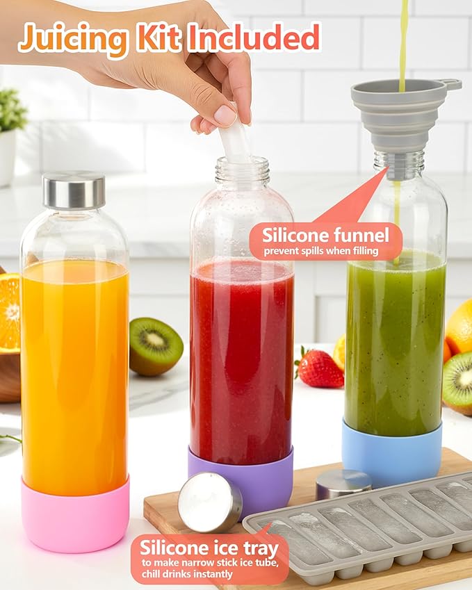 Zukro 32 oz Glass Juice Bottles With Lids, 3 Pack Large Clear Glass Bottle with Airtight Stainless Steel Lids For Juicing, Water, Homemade Drinks, Non-slip Silicone Base, Leak Proof & BPA Free
