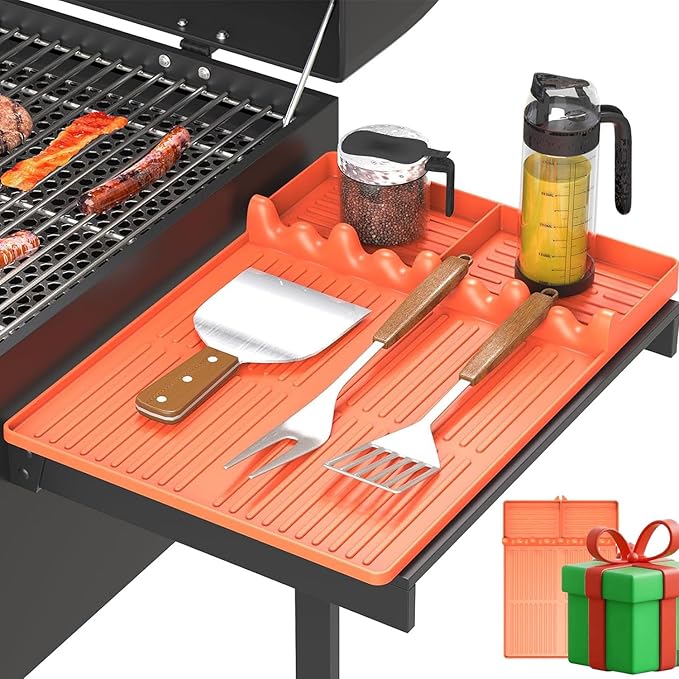 Silicone Griddle Tool Mat Compatible with Blackstone Weber - Flat Top Grill Pellet Smoker Side Shelf Spatula Mat with Drip Pad - Thanksgiving Christmas Gifts for Men BBQ Grilling Accessories (Orange)
