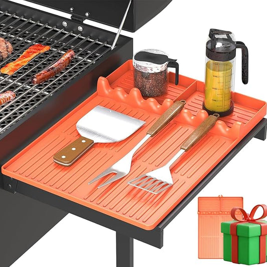 Silicone Griddle Tool Mat Compatible with Blackstone Weber - Flat Top Grill Pellet Smoker Side Shelf Spatula Mat with Drip Pad - Thanksgiving Christmas Gifts for Men BBQ Grilling Accessories (Orange)