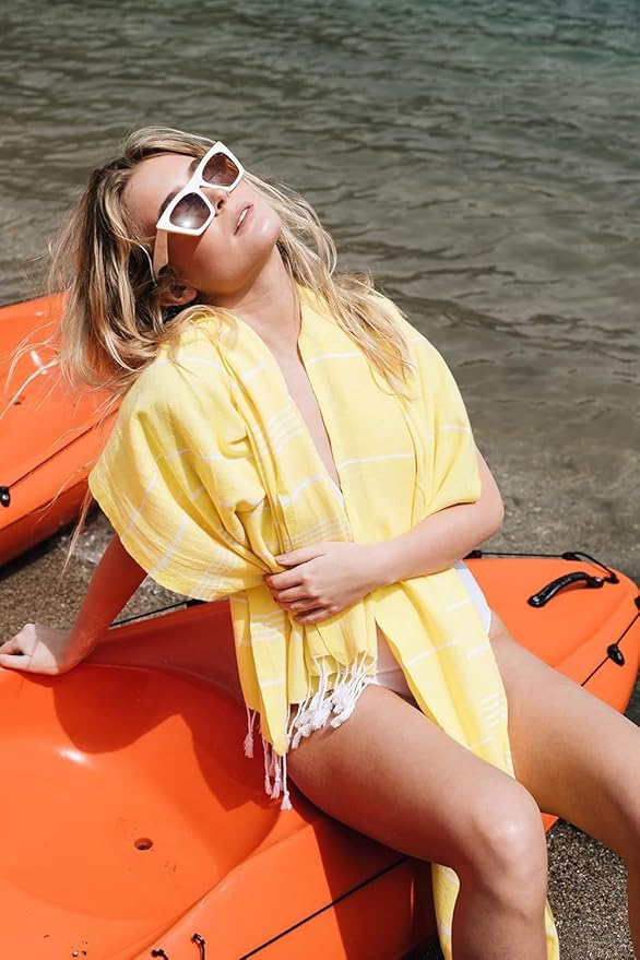 Madamelique Turkish Beach Towel Oversized - 39 x 74 - Quick Dry - Sand Free - Extra Large - Prewashed Beach Towels - Summer Gift - Beach Essentials - Travel Towel (Mediterranean Without Bag, Yellow)