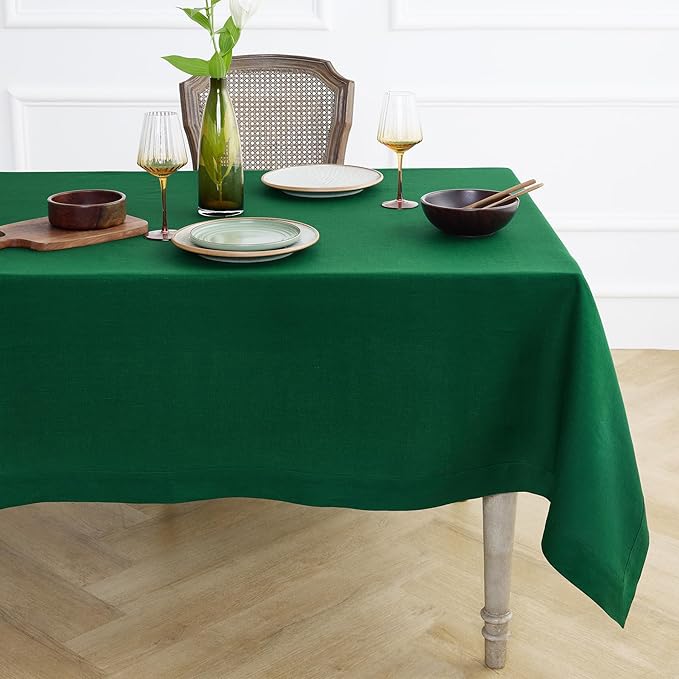 Solino Home Linen Tablecloth for Rectangle Tables 60 x 90 Inch - 100% Pure Linen Green Table Cloth - Fete, Machine Washable Cloth Tablecloth