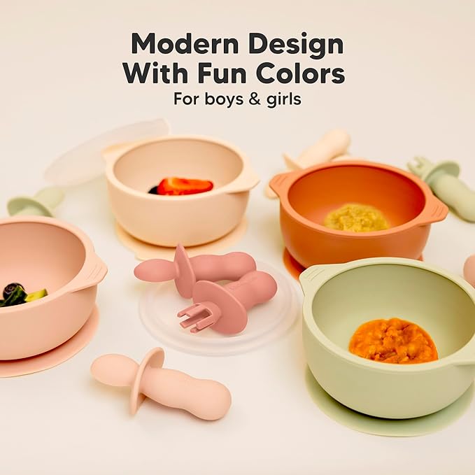 KeaBabies 4-Pack Silicone Baby Spoons and Forks Set - Baby Led Weaning Utensils 6-12 Months, Self Feeding Toddler Spoon & Fork for Training, Teething, Easy to Hold, BPA-Free Silicone (Roseate)