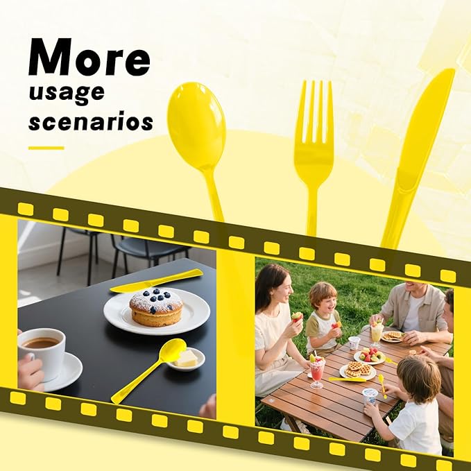 150 Pack Disposable Plastic Silverware, Heavy Duty Yellow Plastic Cutlery Set Includes 50 Forks 50 Knives 50 Spoons for Birthday Wedding Party Picnics (150, Yellow)