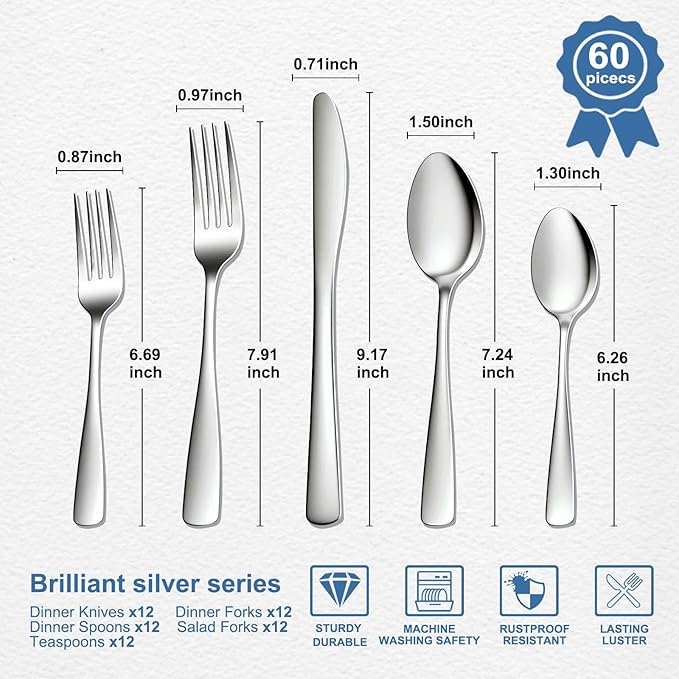 BEWOS 60 Piece Silverware Set - Stainless Steel Silverware Sets for 12 Include Spoon, Forks, Knives, Mirror Polished Flatware Set for Home, Kitchen, Restaurant, Dishwasher Safe
