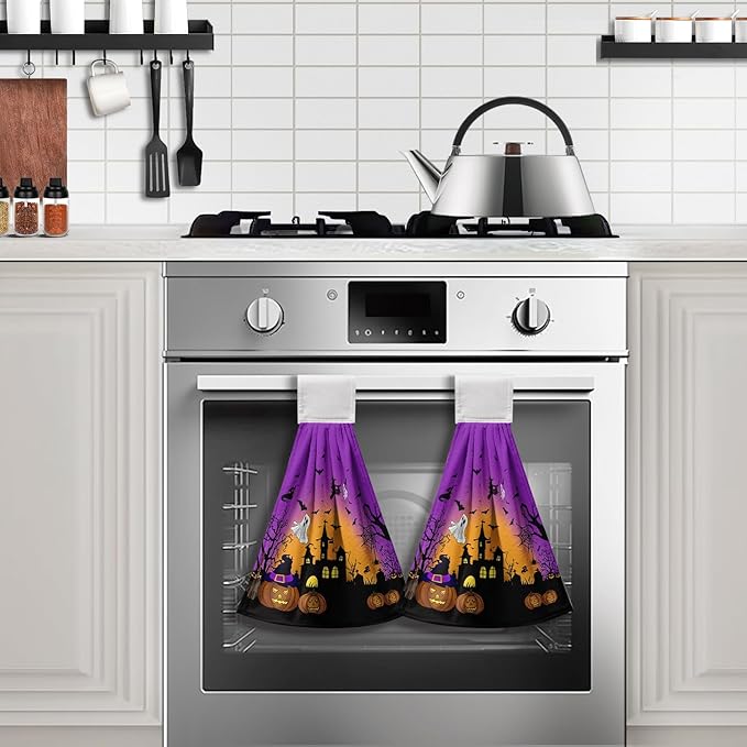 Halloween Pumpkin Hanging Kitchen Towels 2 Pcs Spooky Ghost Bat Hand Tie Towels Scary Night Dish Towel with Hanging Loop Soft Absorbent Washcloth for Bathroom Bathroom Home Decor