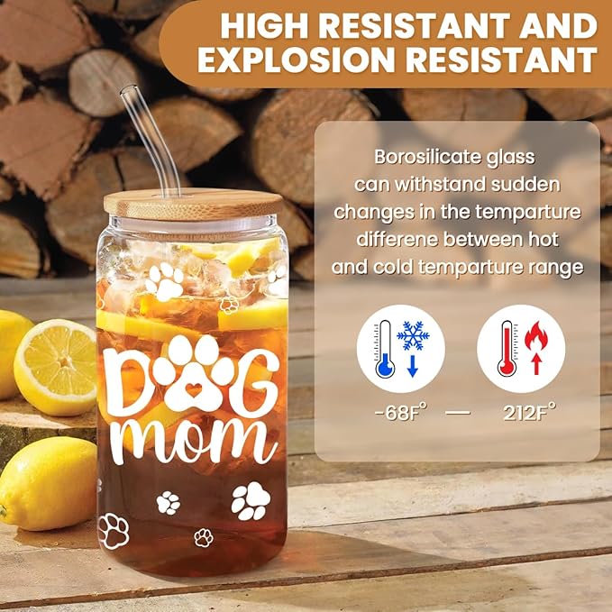 SANDJEST Dog Mom Cup 16 Oz Can Glass Coffee Mug with Bamboo Lid & Straw - Dog Lover Gifts for Women - Dog Mom Gift for Birthday Mothers Day