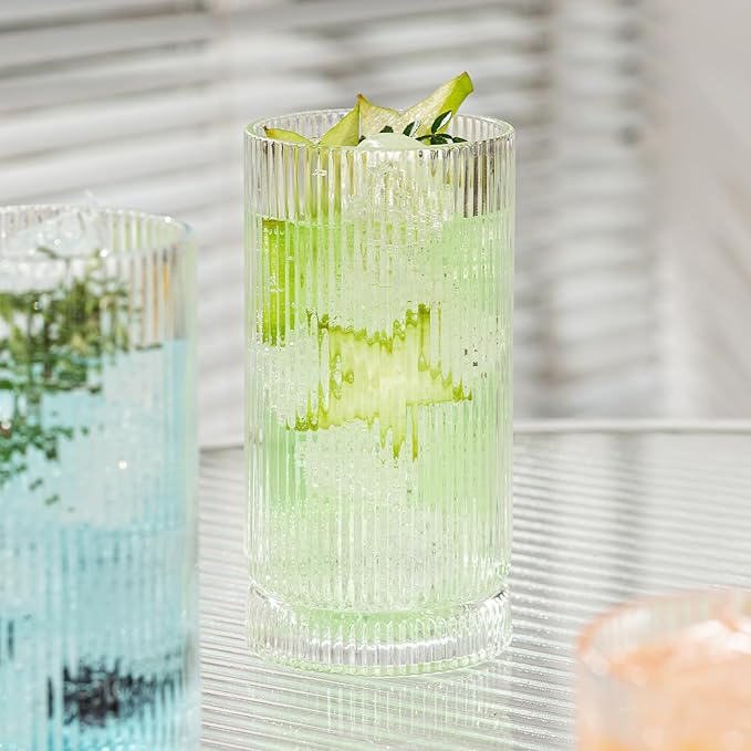 16oz Ribbed Glassware, Vintage Drinking Glasses Set of 4, Cocktail Glass Cups, Elegant Tom Collins Glasses, Highball Ribbed Glasses Ideal for Water, Iced Coffee, Juice, Beer, Milk