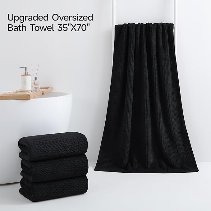 REDKISS Ultra Soft Bath Towels Set of 4-35 x 70 in Extra Large Coral Fleece Bath Towel, Highly Absorbent Plush Bathroom Towels for Adults, Quick Dry Towel Set for Spa, Gym, Travel, Black