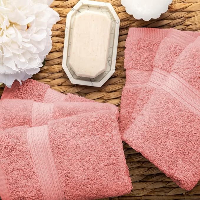 Superior Egyptian Cotton Pile Face Towel/Washcloth Set of 6, Ultra Soft Luxury Towels, Thick Plush Essentials, Absorbent Heavyweight, Guest Bath, Hotel, Spa, Home Bathroom, Shower Basics, Tea Rose