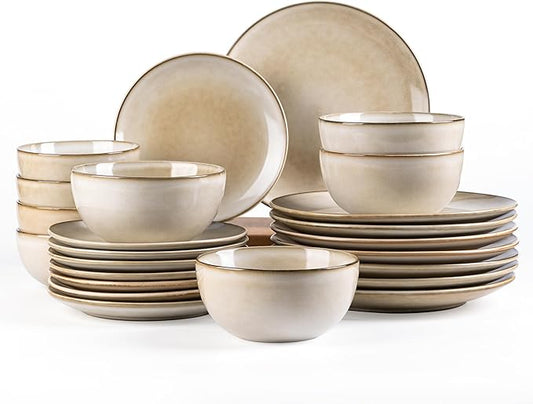 AmorArc Stoneware Dinnerware Sets for 8, 24 Pieces Handpainted Ceramic Plates and Bowls Set, Scratch Resistant Dishes Set, Dishwasher & Microwave Safe, Cappuccino