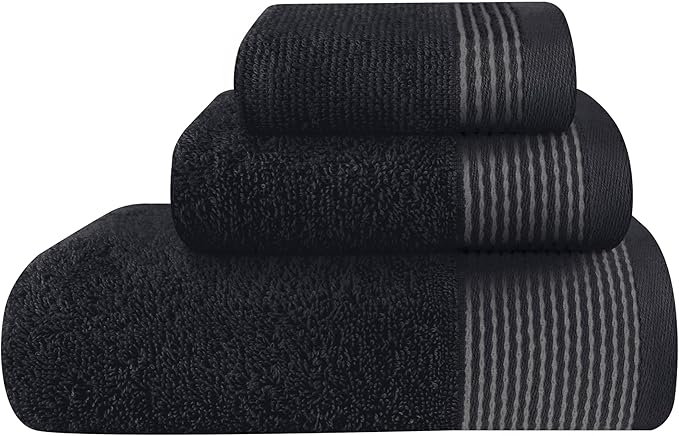 Belizzi Home Ultra Soft 3 Pack Cotton Towel Set, Contains a Bath Towel 28x55 inch, a Hand Towel 16x24 inch & a Wash Coth 12x12 inch, Ideal Everyday use, Compact & Lightweight -Black