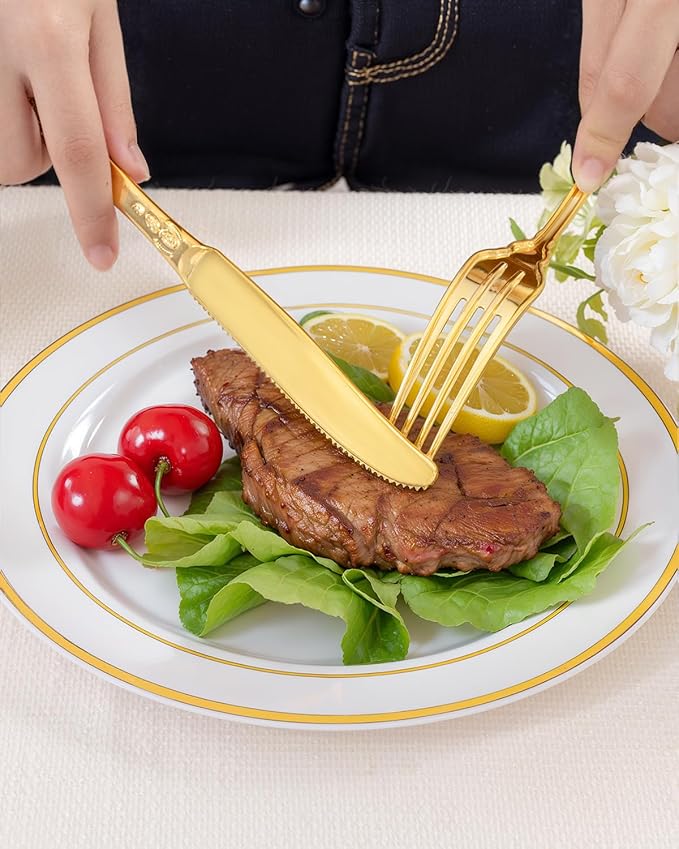 bUCLA HEAVYWEIGHT 150PCS Gold Plastic Silverware Disposable - Extra Heavy Duty Plastic Cutlery - Gold Disposable Utensils Set - Include 50 Knives, 50 Forks,50 Spoons for Party & Special Moments